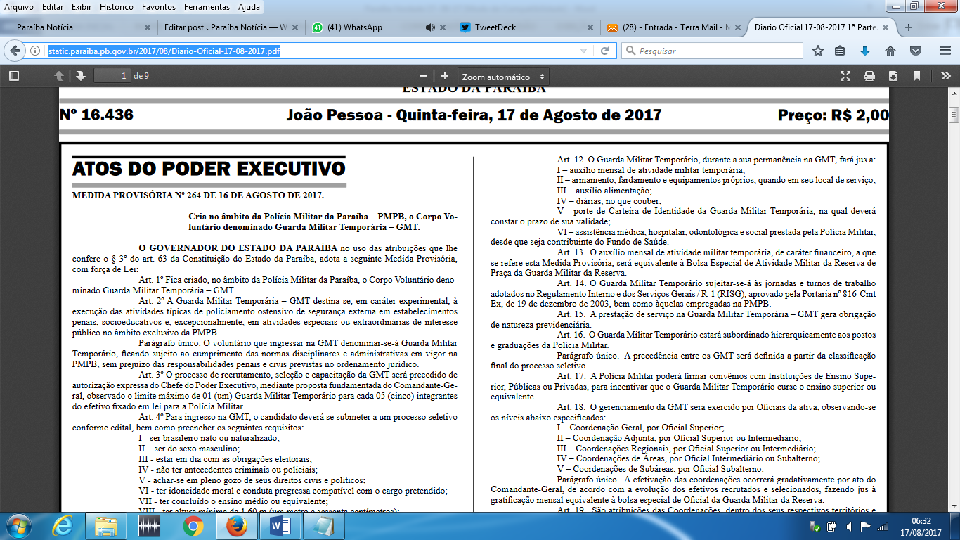 Governo do Estado da Paraíba cria Guarda Militar Temporária e anuncia contratação para a Polícia Militar