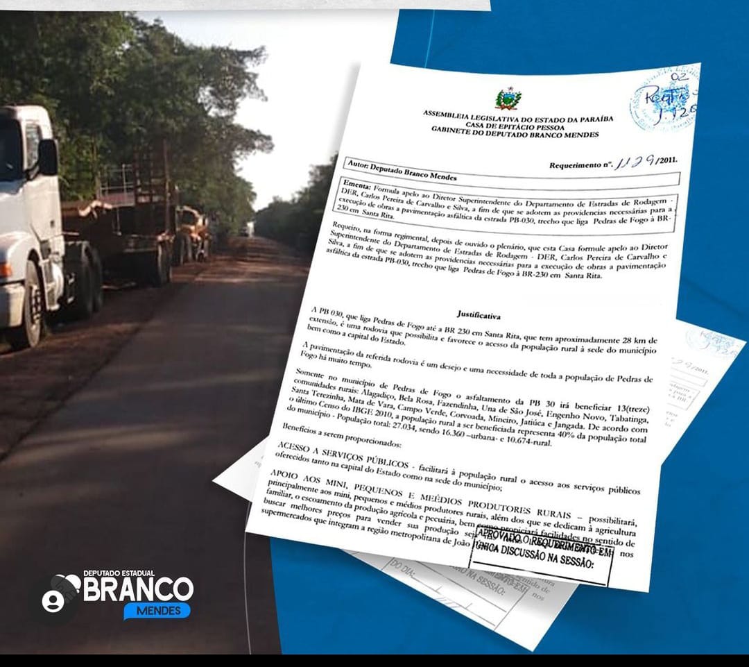 Deputado Branco Mendes anuncia retomada de obras na PB-030, no município de Pedras de Fogo