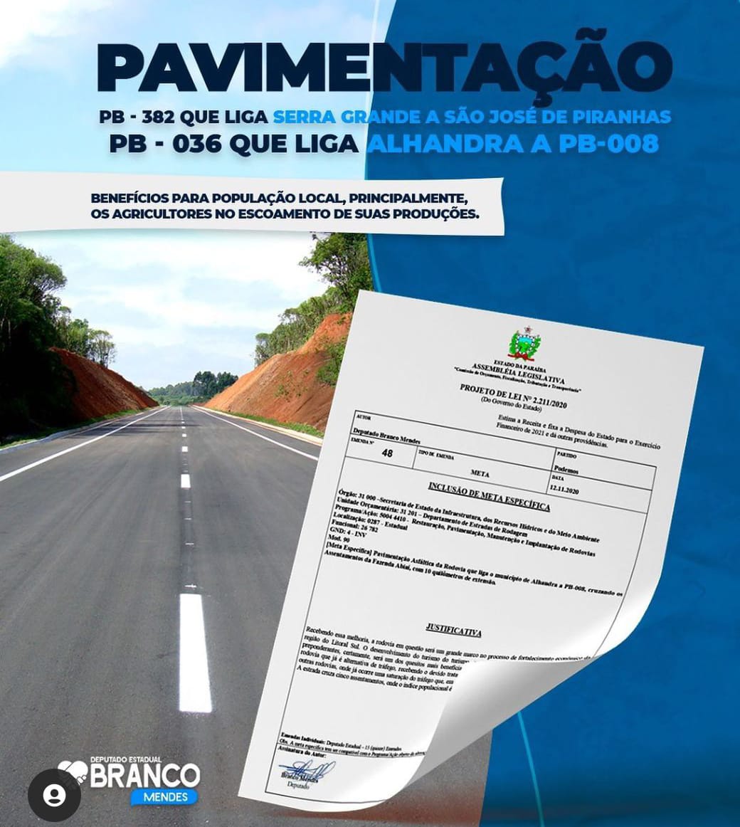 Branco Mendes comemora investimentos confirmados pelo governador João Azevêdo que superam R$ 34 mil para rodovias estaduais em Alhandra, Serra Grande e São José de Piranhas