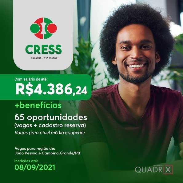 Conselho Regional de Serviço Social inscreve até quarta-feira para concurso com 65 vagas na PB