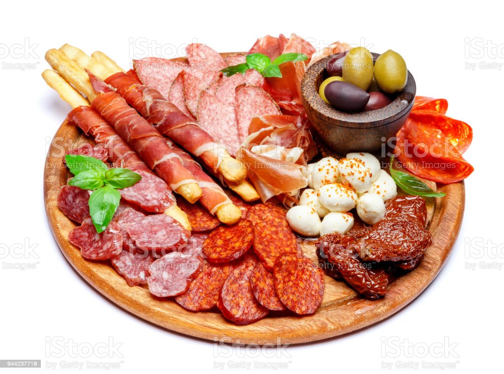 Traditional Italian meat and cheese plate with salami sausage, spanish chorizo, parma and mozzarella cheese